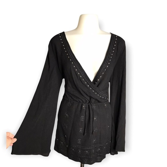 Lulu’s | NEW San Marcos Black Studded Long Sleeve Dress Boho Print & jeweled - Picture 2 of 11